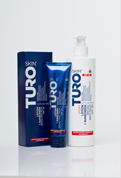 TURO Skin Sport Package - Sport Lotion + Sunscreen BROAD SPECTRUM SPF 30 (WR/SR 80min)(UNISEX, VEGAN) Pump & Tube 16.9 FL OZ + 3.4 FL OZ